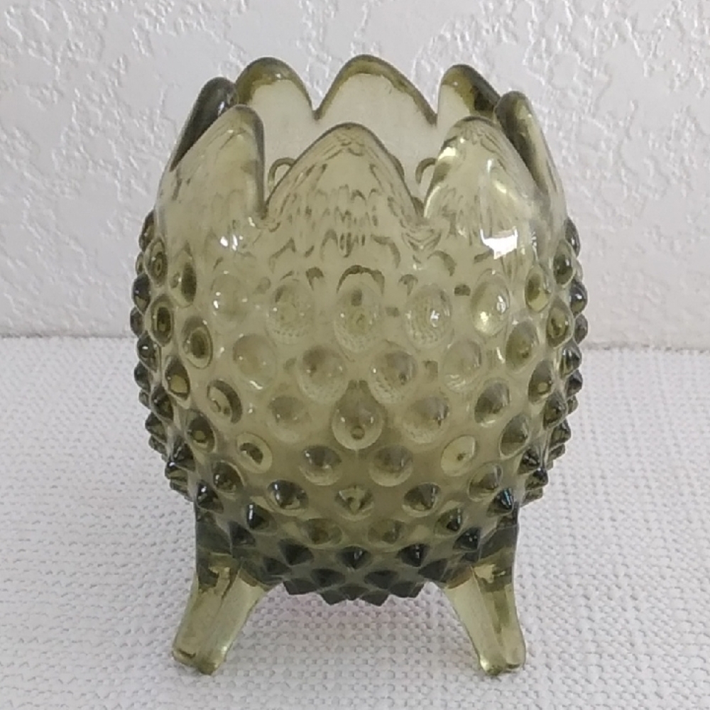 Vintage Green Hobnail Footed Glass Vase
